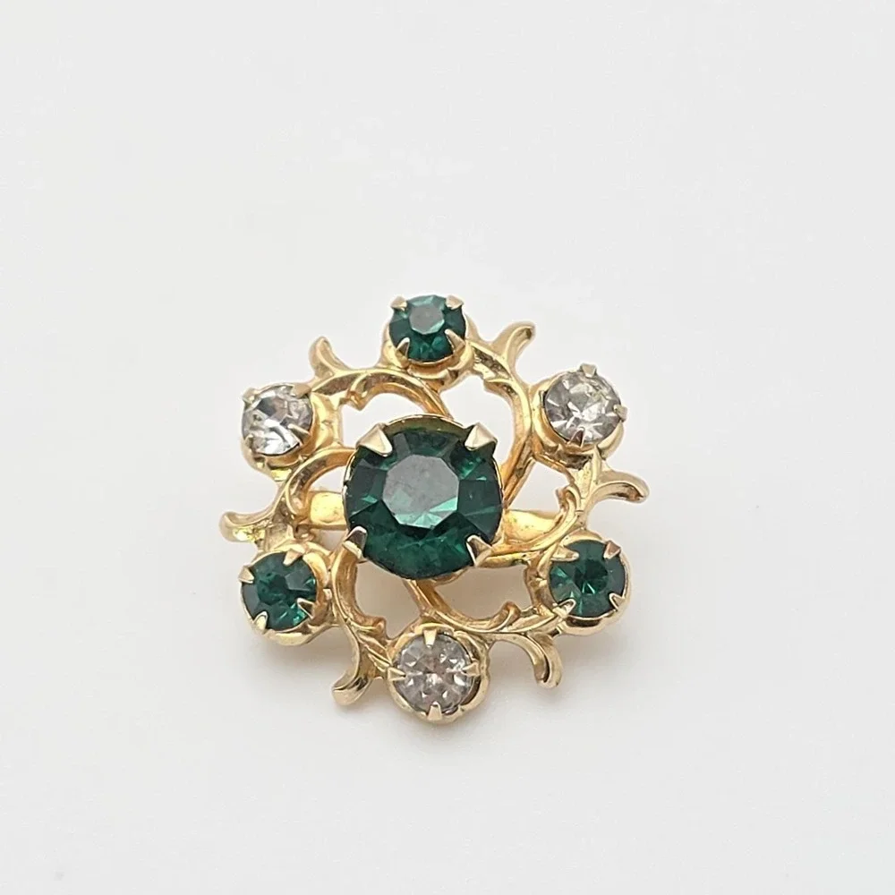 Vtg 75 Yr Old Floral Vine Brooch Pin Green & Clear Crystal Gold Plate .75